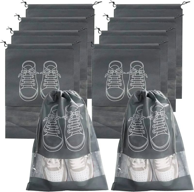 10-Pack Foldable Non-Woven Shoe Storage Bags With Transparent Pockets, Travel Organizers featuring labeled transparent pockets and lightweight foldable design