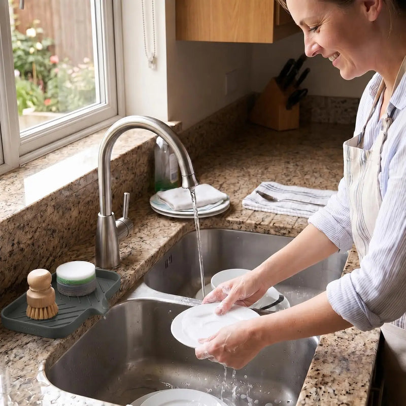 1/2Pcs Silicone Sink Caddy Tray With Drainage, Sponge Soap Holder, Space-Saving Kitchen Organizer holding a sponge and soap