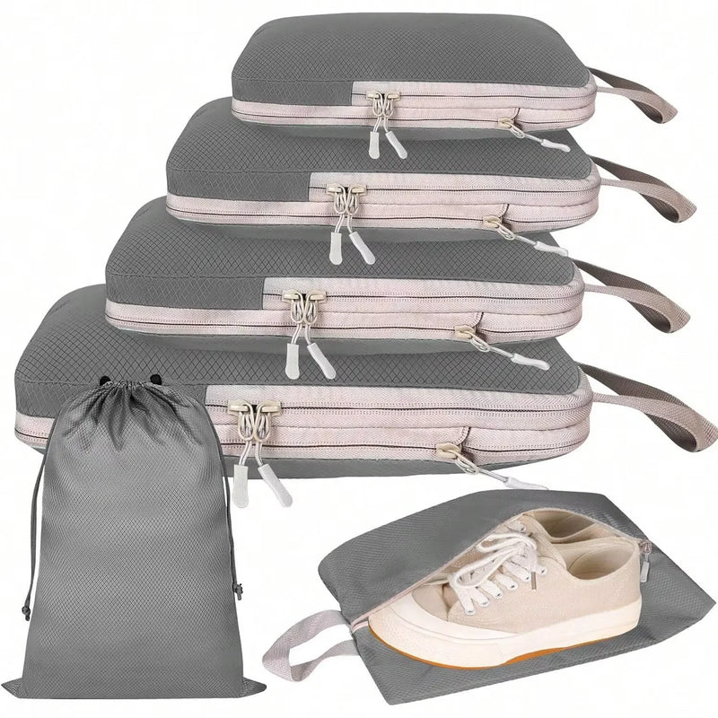 4/6-Piece Compression Packing Cubes, Waterproof Polyester Travel Luggage Organizer Bags in a rectangular reusable storage design