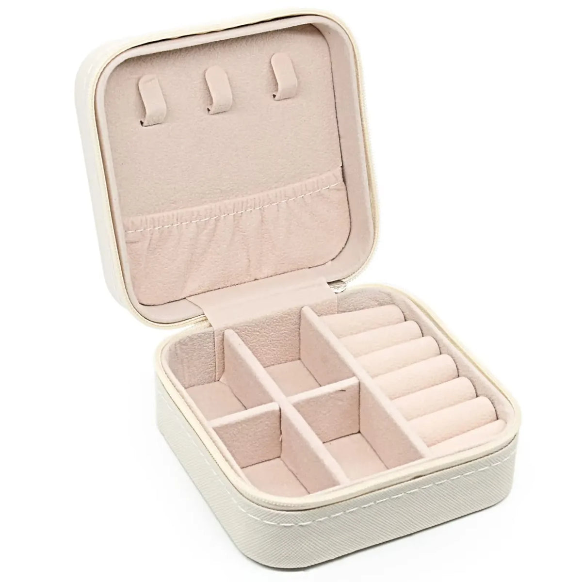 Compact Leather Jewelry Organizer Box, Zipper Travel Case For Rings, Earrings And Necklaces
