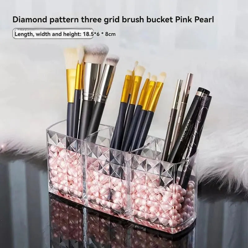 Diamond Patterned 3-Grid Transparent Storage Box, Cosmetic And Bathroom Organizer with cosmetics and small accessories