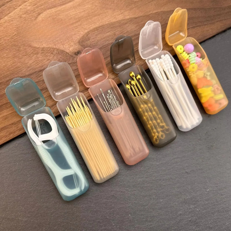 Mini Portable Storage Box, Travel Toothpick Holder With Compartments For Pills, Floss & Jewelry shown with its compact slim design