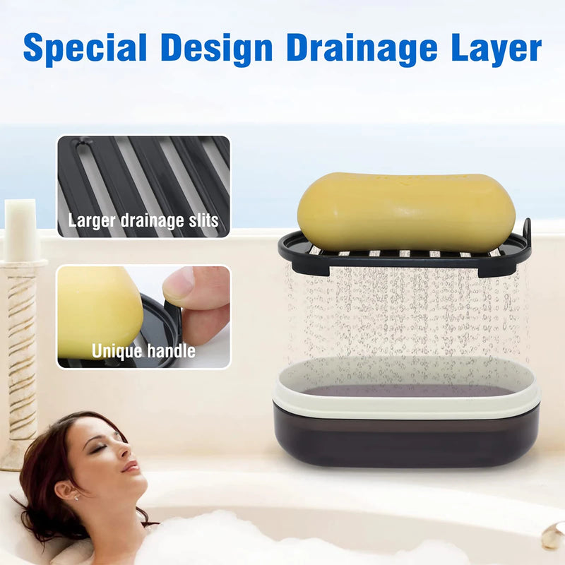 Portable Black Bamboo Soap Dish With Cover, Double-Layer Travel Holder For Shower with bar soap inside