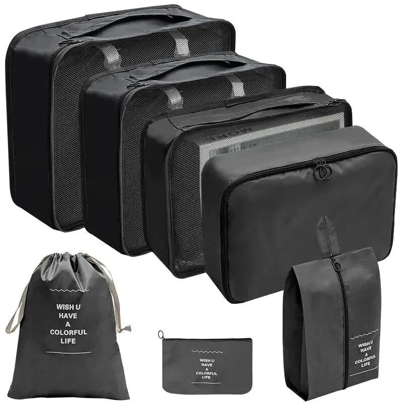 7/10-Piece Oxford Travel Organizer Set, Packing Cubes, Shoe Pouches, Foldable Luggage Bags shown as a complete travel storage set