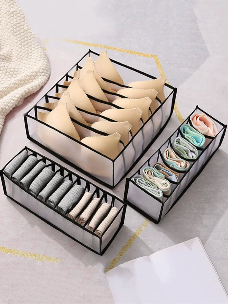 Foldable Drawer Organizer Box For Socks, Underwear, Bras, And Jeans, 7/9/11 Grids in black with multiple storage compartments
