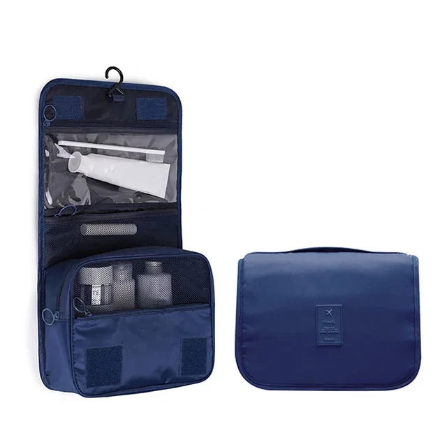 Waterproof Hanging Travel Makeup Bag, Foldable Toiletry Organizer With Hook hanging from a bathroom hook for easy access