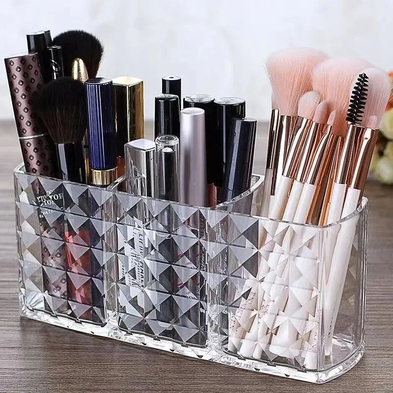 Diamond Patterned 3-Grid Transparent Storage Box, Cosmetic And Bathroom Organizer on a vanity counter