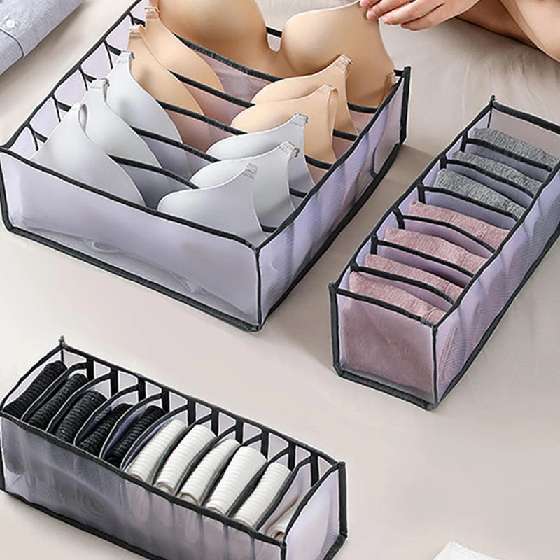 Foldable Drawer Organizer Box For Socks, Underwear, Bras, And Jeans, 7/9/11 Grids in black, gray, white, and beige for closet and dresser storage