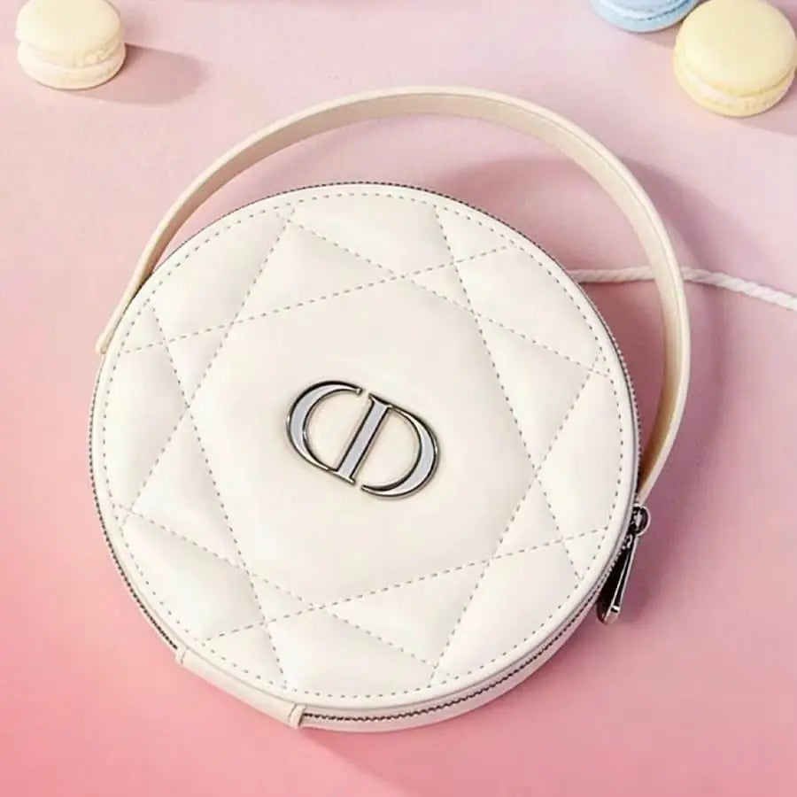 Christian Dior Dior’s Bag Luxury Apricot Round Handheld Makeup Organizer Pouch With Zipper & Built-in Mirror Portable Travel Cos