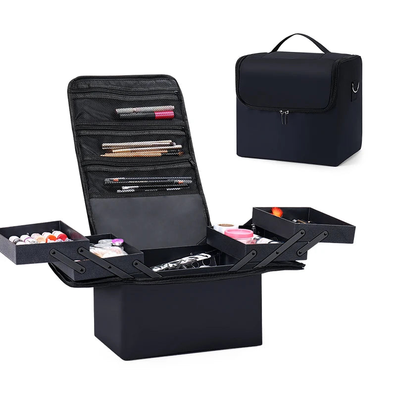 4-Tier Makeup Train Case, Portable Cosmetic Organizer, Adjustable Nail Storage Travel Bag with spacious compartments for makeup, brushes, and beauty tools