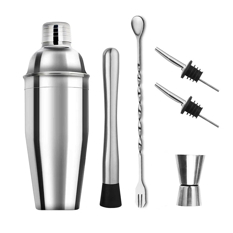 6/7/10-Piece Stainless Steel Cocktail Shaker Set, 304 Bartending Tools With Storage Bag displayed as a complete home bar tool set
