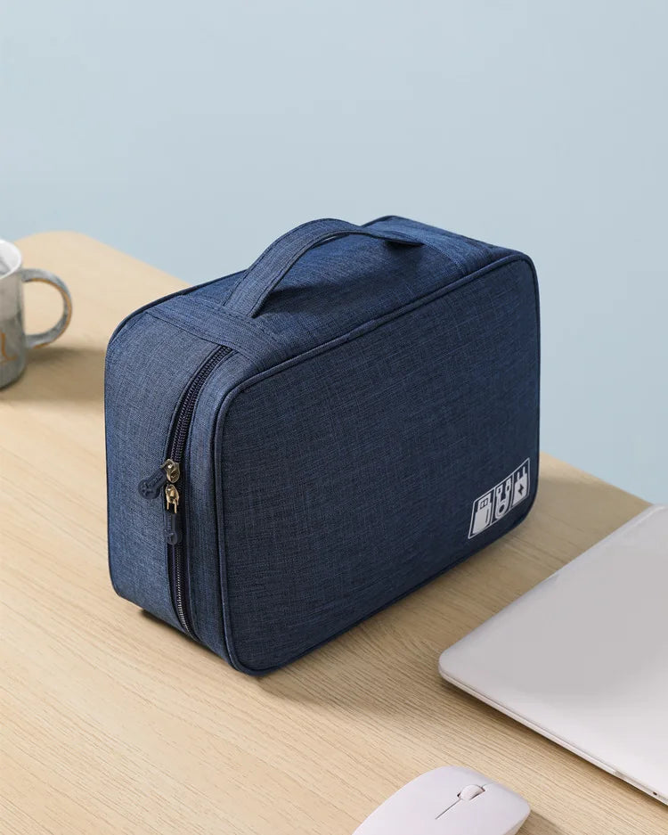Travel Electronics Organizer Bag, Multi-Layer Oxford Cable, Charger And Tech Accessory Case shown with multiple storage compartments