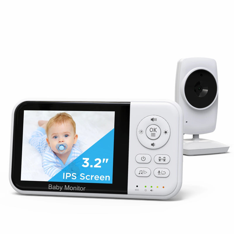 3.2-Inch Video Baby Monitor With Camera, Night Vision, 2-Way Audio, Temp, 2X Zoom & Lullabies showing the portable parent unit and nursery camera