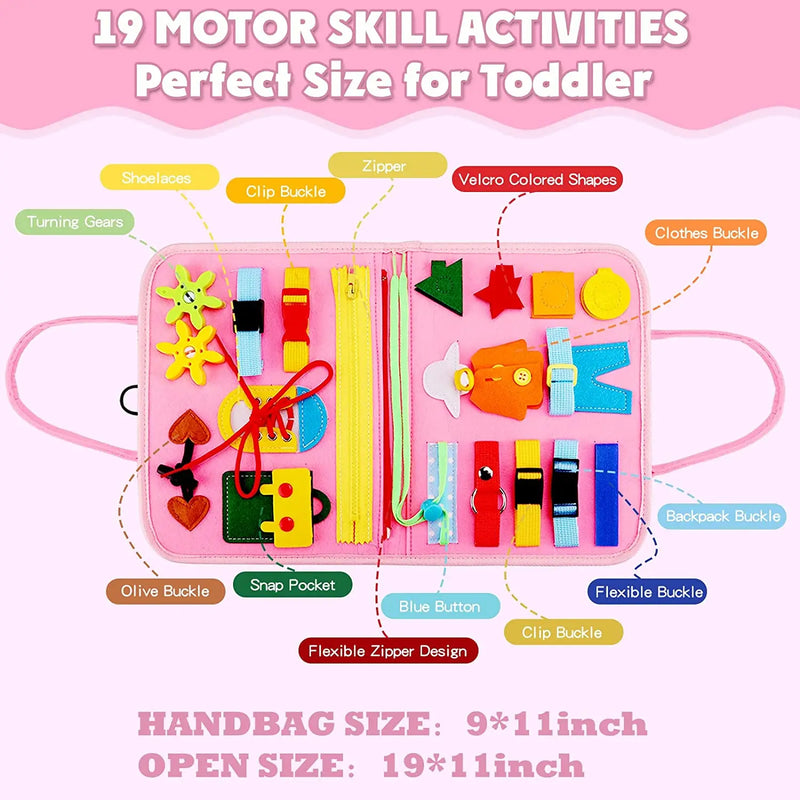 Montessori Busy Board For Toddlers, Sensory Life Skills Toy With Dressing Activities, Ages 3-6 shown as a portable travel activity toy