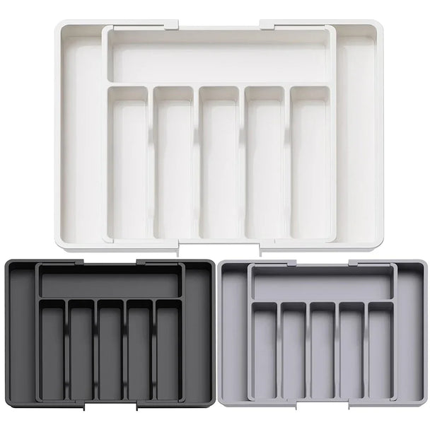 Expandable Kitchen Drawer Organizer, Adjustable 6-8 Compartment BPA-Free Utensil Tray organizing forks, spoons, knives, and kitchen tools