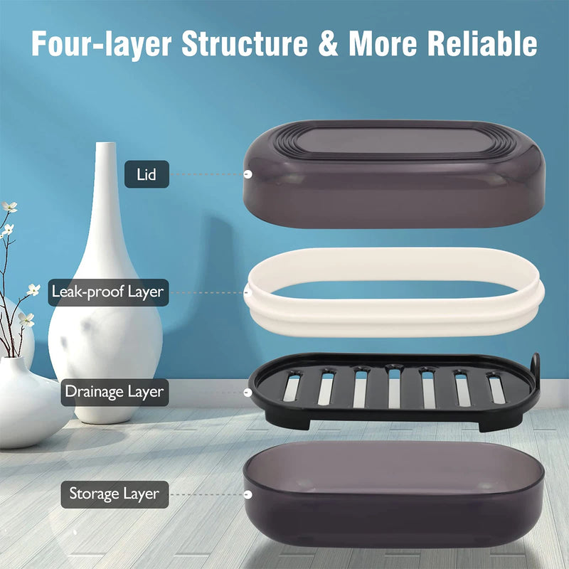 Portable Black Bamboo Soap Dish With Cover, Double-Layer Travel Holder For Shower showing raised drainage tray