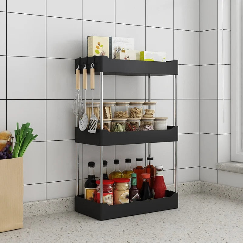 2/3-Tier Kitchen Spice Rack, Countertop Seasoning Organizer With Hooks, Plastic Storage in a compact vertical design for kitchens, bathrooms, and offices