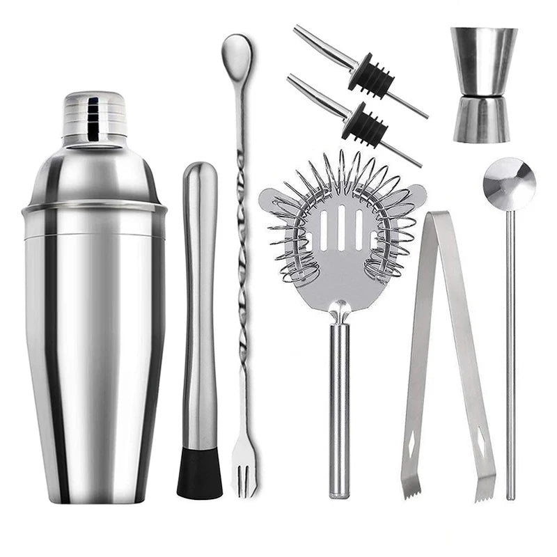 6/7/10-Piece Stainless Steel Cocktail Shaker Set, 304 Bartending Tools With Storage Bag with shaker, jigger, strainer, and mixing tools