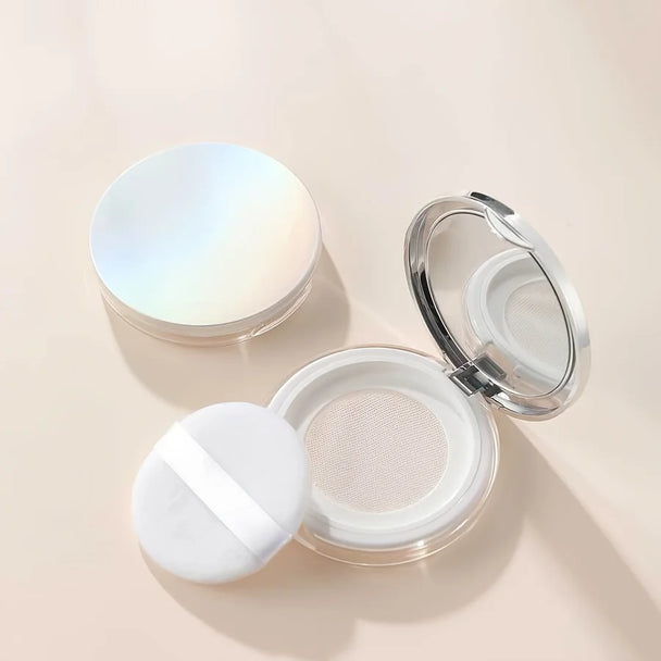 5g Ultra-Thin Loose Powder Compact With Mirror, Leak-Proof Travel Makeup Container With Elastic Net shown open with built-in mirror and elastic powder net