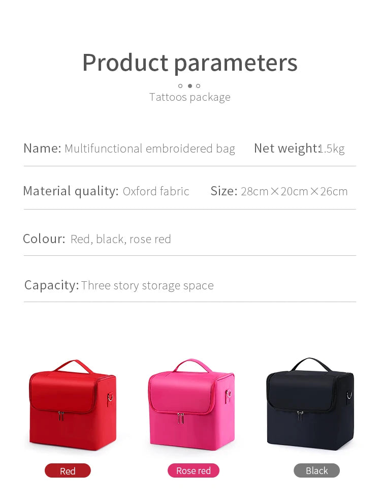 4-Tier Makeup Train Case, Portable Cosmetic Organizer, Adjustable Nail Storage Travel Bag shown as a spacious barrel-shaped beauty case