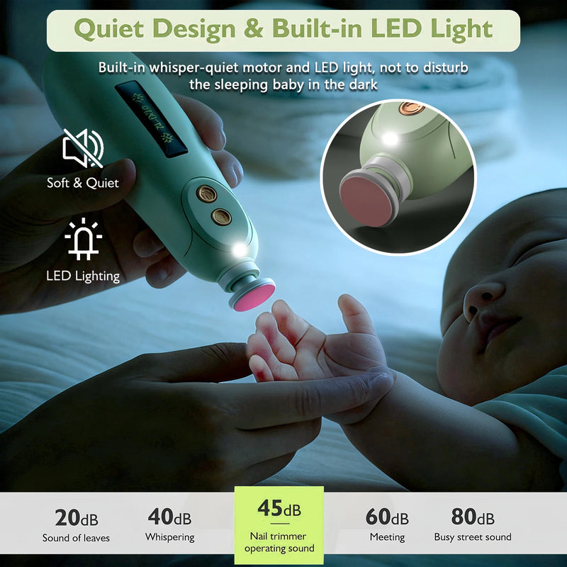 Electric Baby Nail Trimmer Kit With LED Light, Safe File For Newborns, Infants & Adults featuring built-in LED visibility and easy controls