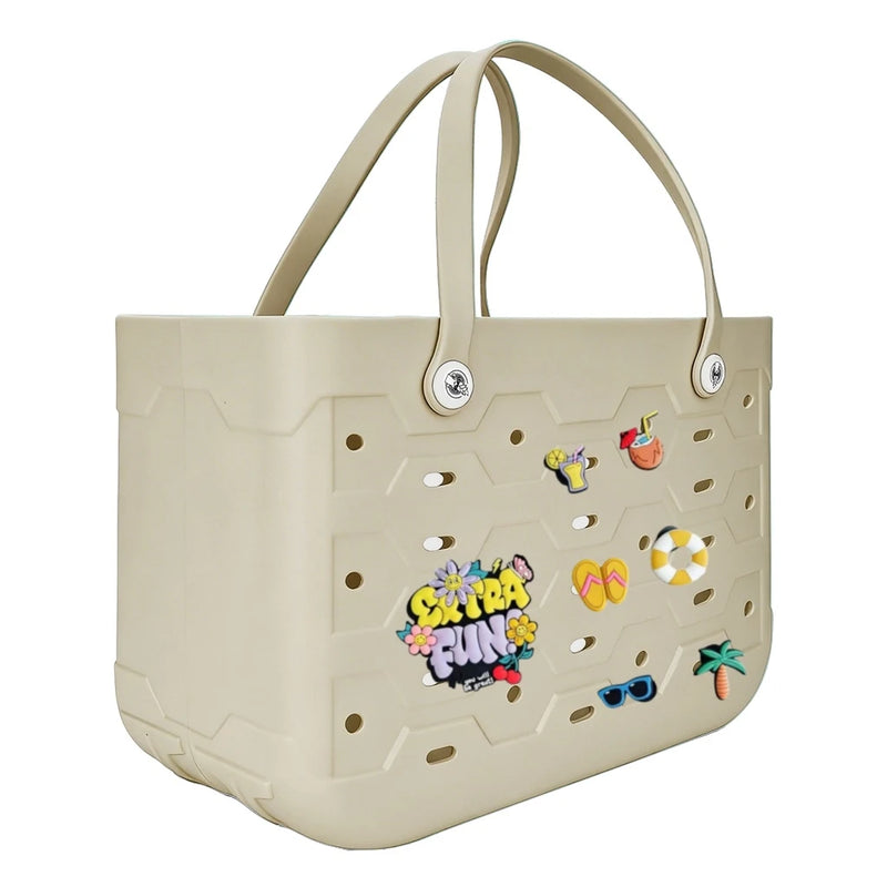 Unisex PVC Waterproof Tote Bag, Hollow-Out Beach Picnic Shopping Storage Basket shown in a casual solid-color design