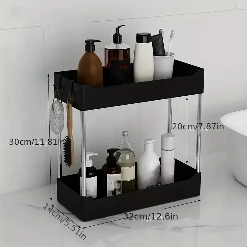 2/3-Tier Kitchen Spice Rack, Countertop Seasoning Organizer With Hooks, Plastic Storage with tiered shelves for spices, sauces, tea, and coffee supplies