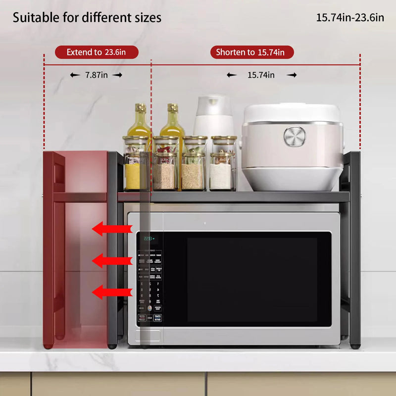 Expandable Microwave Shelf Organizer, 42-64cm Adjustable Rust-Resistant Countertop Rack with sturdy black rust-resistant frame