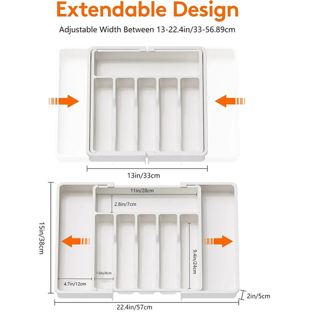 Expandable Kitchen Drawer Organizer, Adjustable 6-8 Compartment BPA-Free Utensil Tray shown expanded to fit different drawer sizes