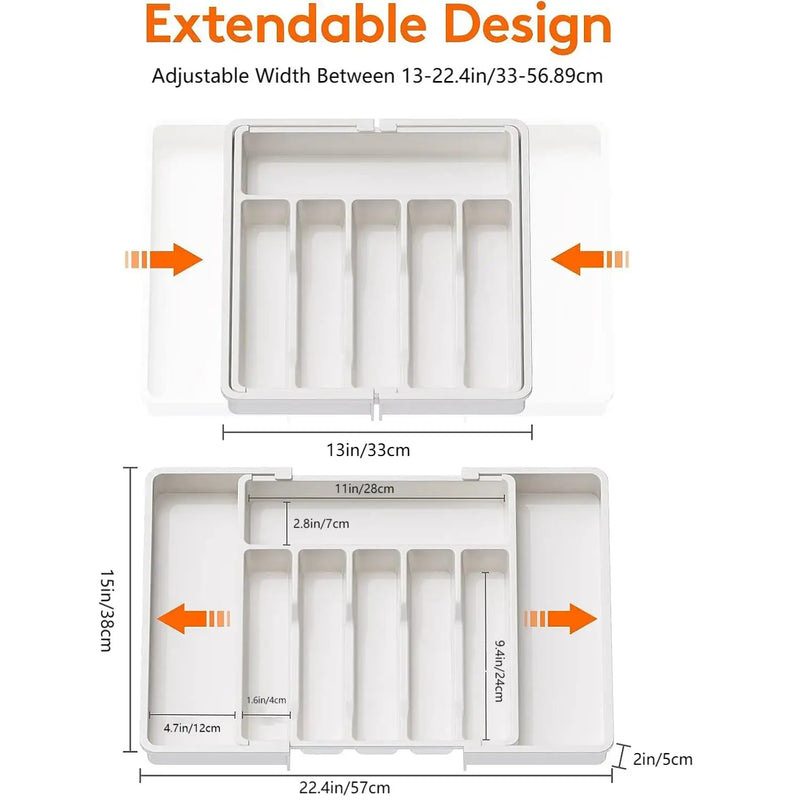 Expandable Kitchen Drawer Organizer, Adjustable 6-8 Compartment BPA-Free Utensil Tray shown expanded to fit different drawer sizes