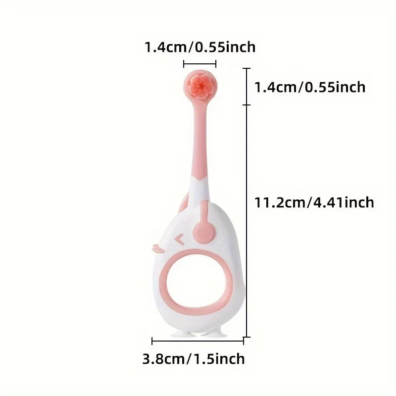 Baby Toothbrush For Infants And Toddlers 0-3, Small Head, Cartoon Handle, Suction Cup Base designed for easy upright bathroom storage