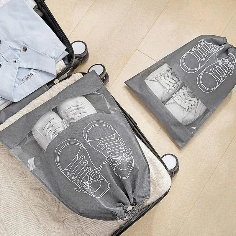 10-Pack Foldable Non-Woven Shoe Storage Bags With Transparent Pockets, Travel Organizers featuring a clear identification pocket for easy shoe organization