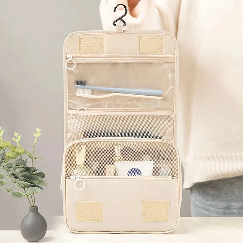 Waterproof Hanging Travel Makeup Bag, Foldable Toiletry Organizer With Hook displayed closed for compact travel storage