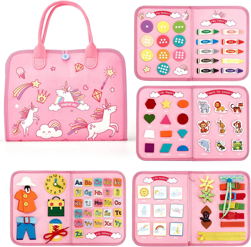 Montessori Busy Board For Toddlers, Sensory Life Skills Toy With Dressing Activities, Ages 3-6 featuring colorful hands-on activities for fine motor skill development