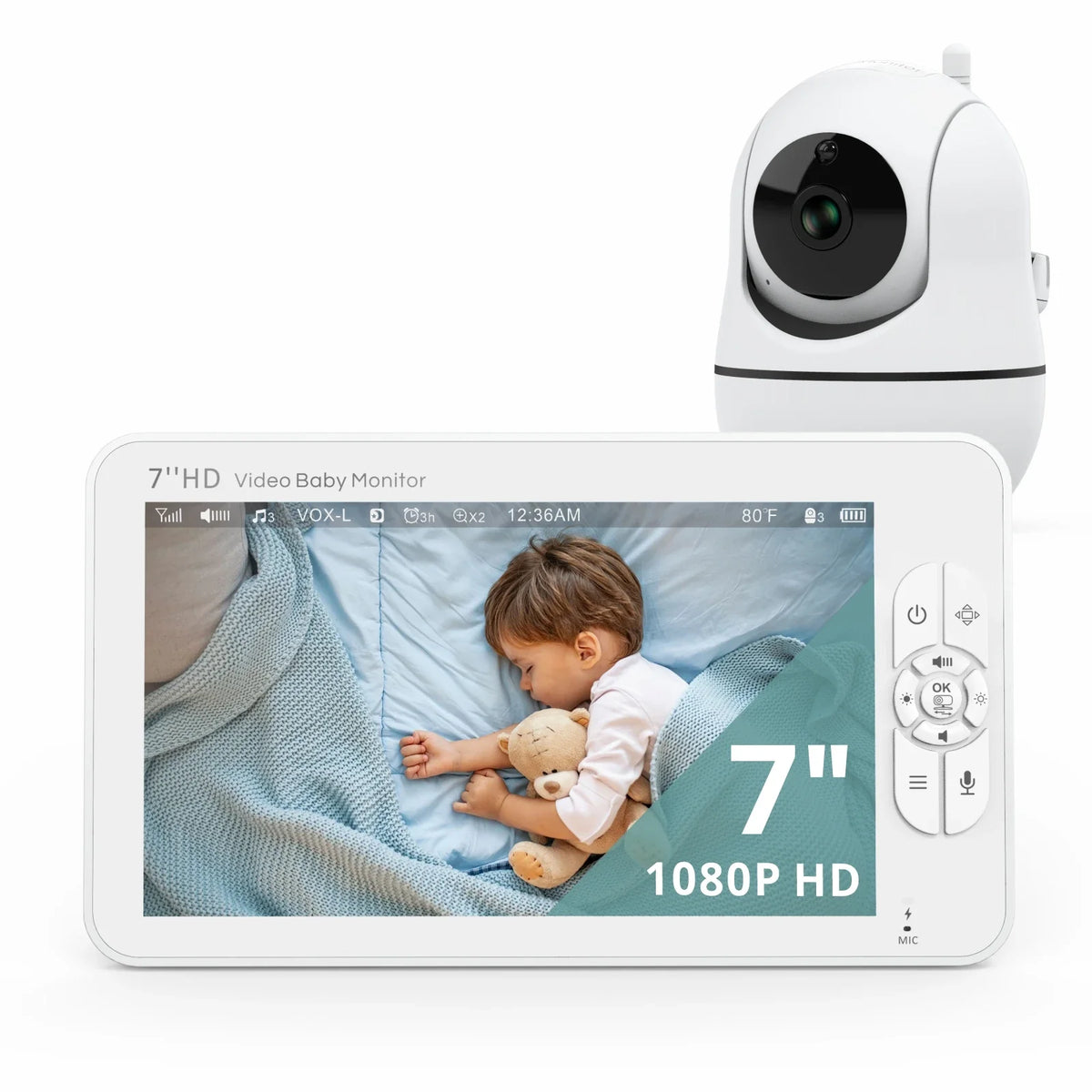 Babystar 7-Inch 1080P Video Baby Monitor, Pan-Tilt, Night Vision, 24H Battery, No WiFi
