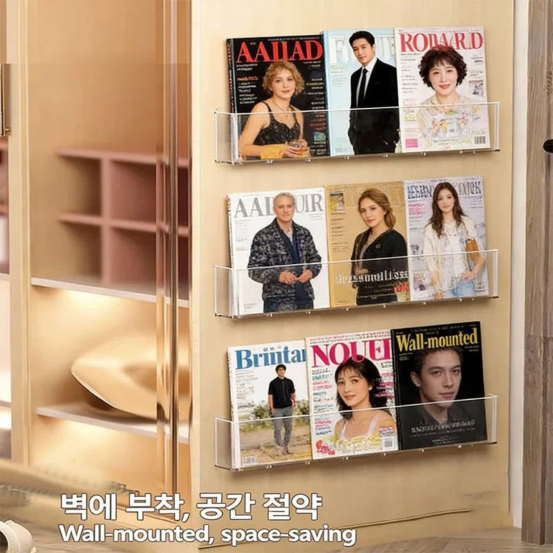 Wall-Mounted Transparent PET Book Display Rack, No-Drill Magazine Organizer For A4 Sheets with adhesive no-drill installation