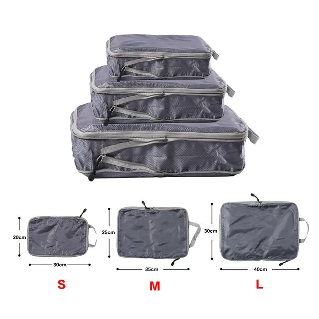 Foldable Compression Packing Cubes, Waterproof Oxford Travel Bags With Handles, Luggage Organizer shown as a compact travel storage bag for clothing and suitcase packing