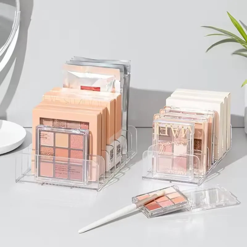 7-Compartment Makeup Organizer, Clear Eyeshadow Palette Storage Rack For Desktop Or Drawer with spacious divided compartments