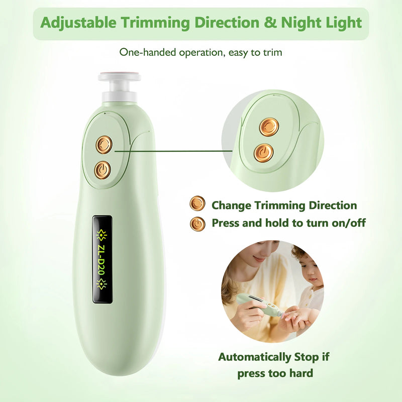 Electric Baby Nail Trimmer Kit With LED Light, Safe File For Newborns, Infants & Adults shown with compact handheld design
