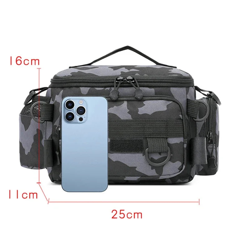 Black Fishing Tackle Shoulder Bag, Nylon Waist Pack With Fishing Rod Holder For Outdoor Sports worn around the waist