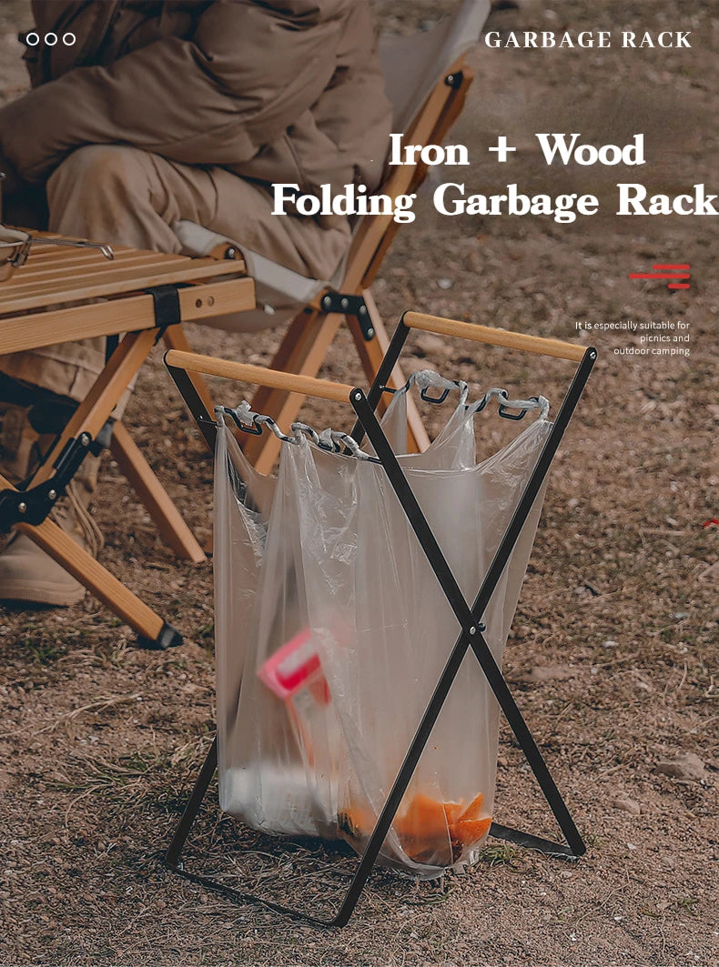 MOUNTAINHIKER Folding Iron Garbage Bag Rack With Wooden Handle, Portable Kitchen Organizer featuring a sturdy iron frame