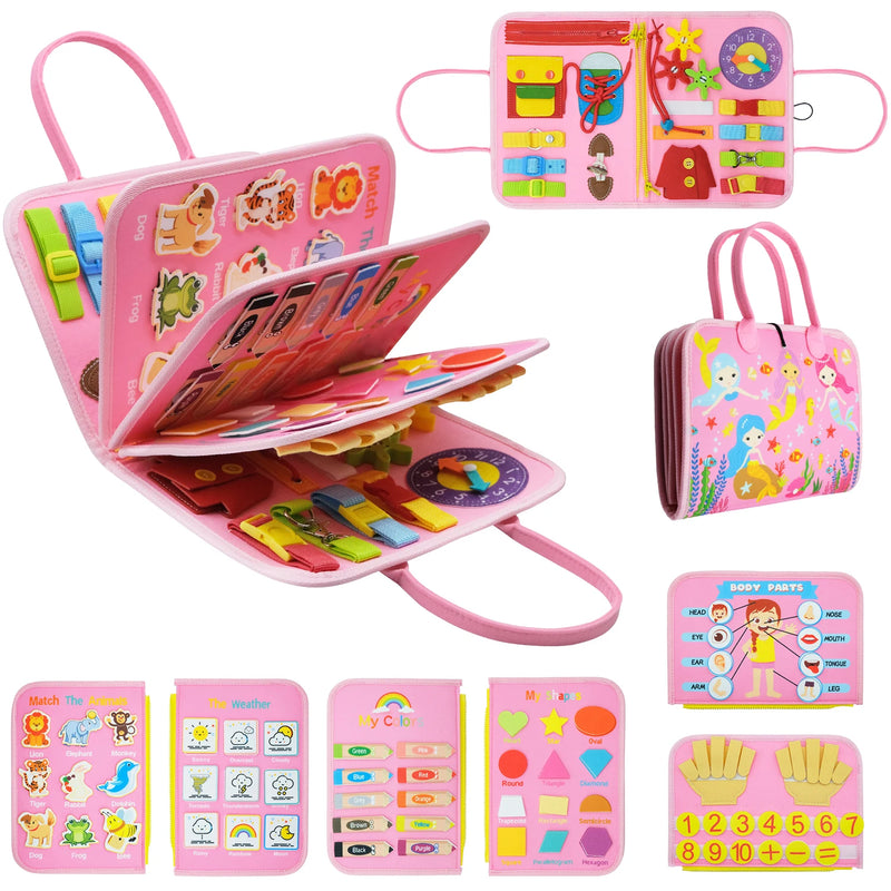 Montessori Busy Board For Toddlers, Sensory Life Skills Toy With Dressing Activities, Ages 3-6 shown with colorful hands-on learning activities