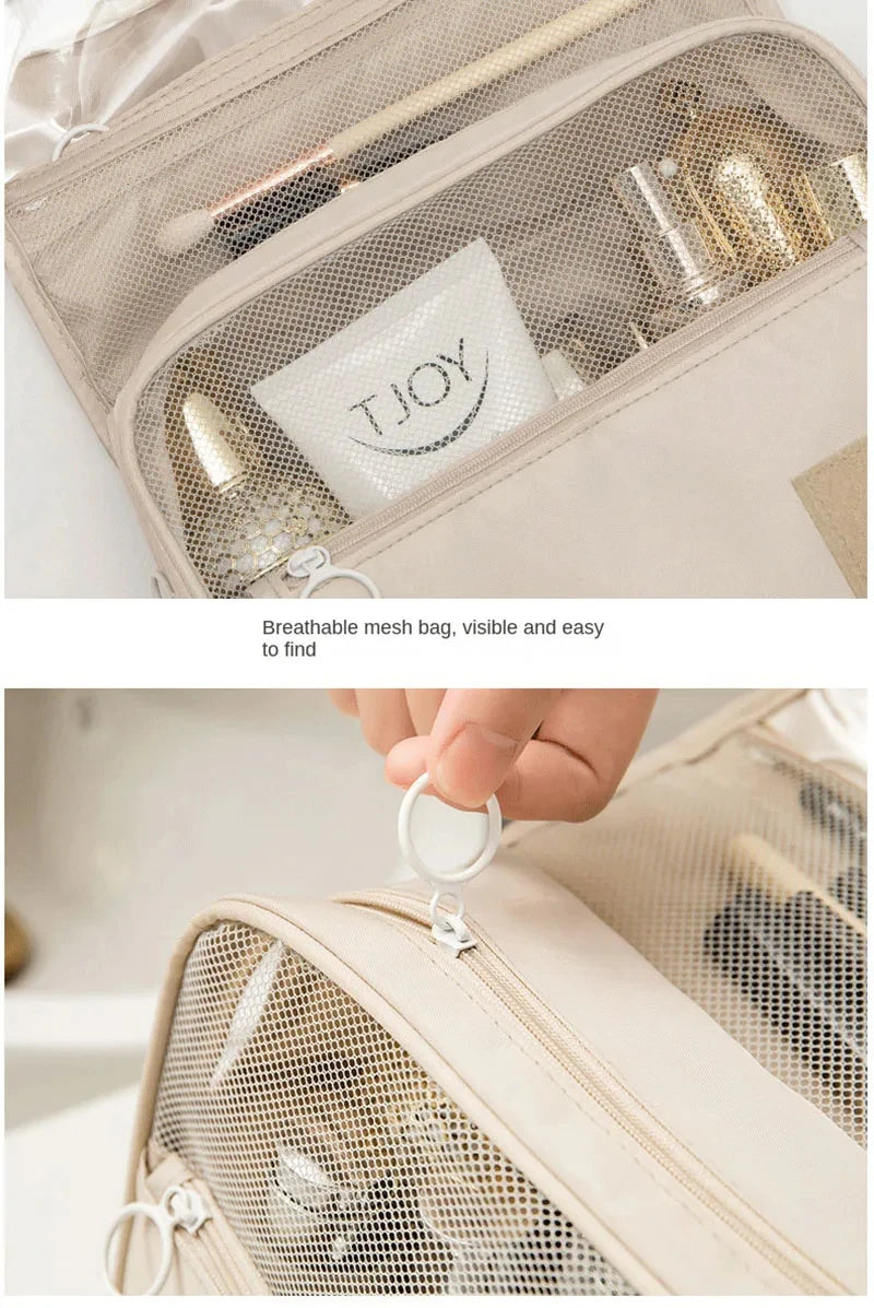 Waterproof Hanging Travel Makeup Bag, Foldable Toiletry Organizer With Hook folded for travel luggage