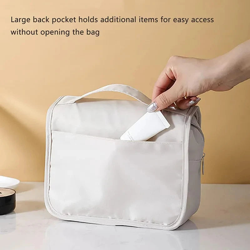 Waterproof Hanging Travel Makeup Bag, Foldable Toiletry Organizer With Hook holding cosmetics and travel toiletries