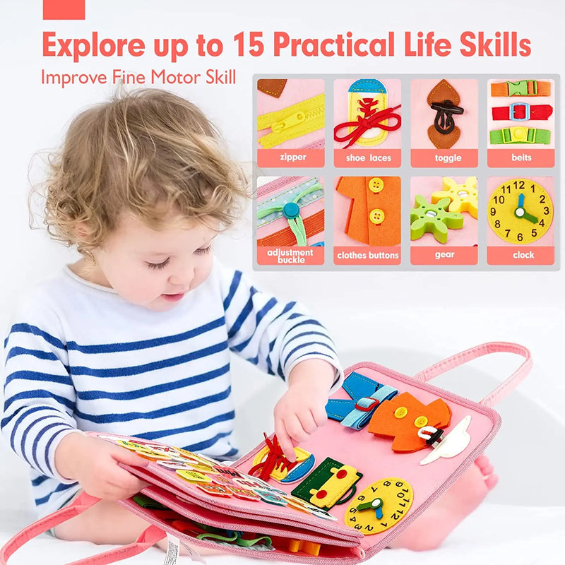 Montessori Busy Board For Toddlers, Sensory Life Skills Toy With Dressing Activities, Ages 3-6 with practical buckles, buttons, snaps, and dressing skills