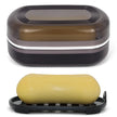 Portable Black Bamboo Soap Dish With Cover, Double-Layer Travel Holder For Shower shown with a soap bar