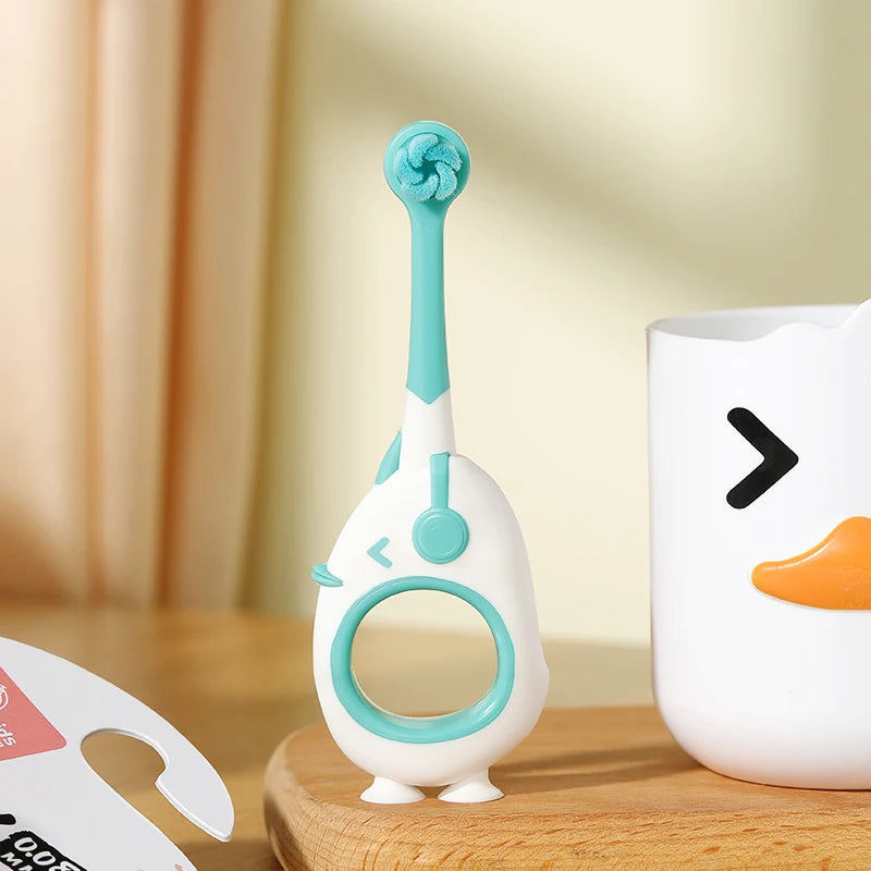 Baby Toothbrush For Infants And Toddlers 0-3, Small Head, Cartoon Handle, Suction Cup Base shown for gentle daily brushing