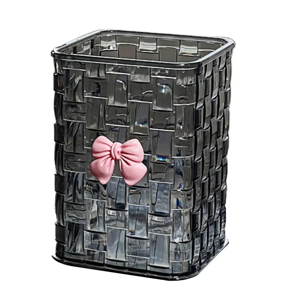 Clear Makeup Brush Organizer with Bow Decor Braided Texture Cosmetic Storage Box for Brushes, Lipsticks & Eyebrow Pen No Lid