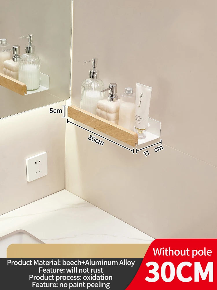Wall-Mounted Waterproof Aluminum And Wood Bathroom Shelf, Shampoo And Makeup Storage Rack