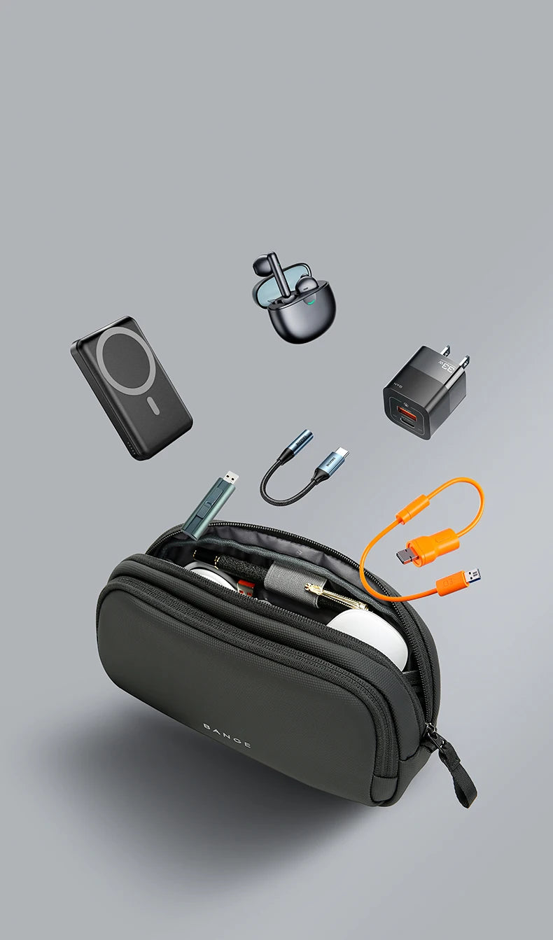 BANGE Electronics Organizer Bag, Waterproof Travel Case With USB Cable Storage For Gadgets shown in a compact rectangular design